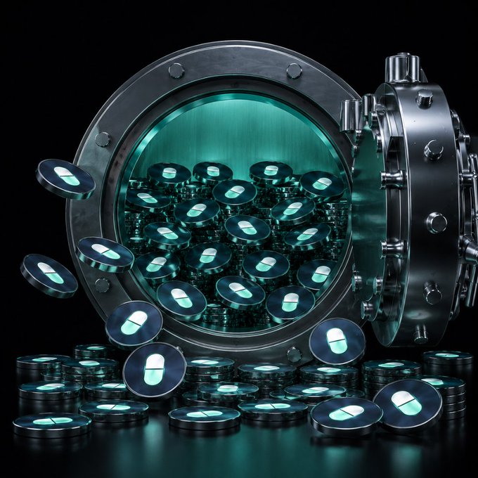 A 3D render of a heavy metallic bank vault with a glowing teal interior, filled with stacks of coins bearing a pill-shaped logo, some of which are floating or piled outside the open door.