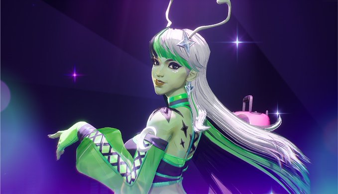 A digital illustration shows an alien-like character with green skin, long white and green hair, antennae, and a green and purple outfit, posing against a dark purple background with stars.
