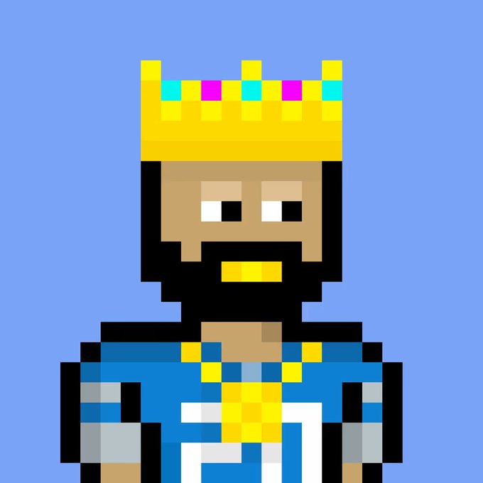 A pixel art avatar of a bearded king wearing a yellow jeweled crown and a blue robe with gold accents. The crown and regal styling reflect the post's reference to the "Nakamigos" NFT collection, whose imagery often features crowned characters.