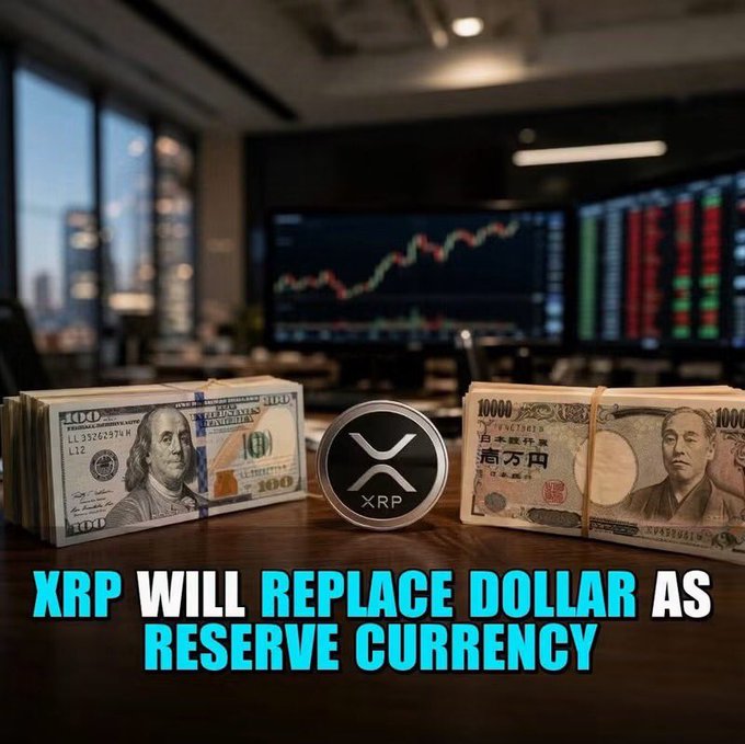 A crypto-themed promotional image showing stacks of US dollar bills, an XRP coin, and Japanese yen notes on a desk with trading screens in the background, overlaid with bold text reading 'XRP WILL REPLACE DOLLAR AS RESERVE CURRENCY'.