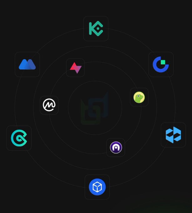 A dark background displaying a circular diagram connecting various app icons—including logos for Cloudinary, Dropbox, and others—with a central logo and concentric guide lines.