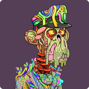 A trippy, mushroom-melting ape wearing a colorful cap, embodying the psychedelic Bored Ape aesthetic referenced by the @BoredApeYC tag in the post.