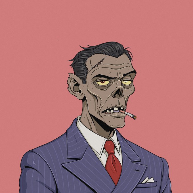 A stylized digital illustration depicts a zombie mobster in a pinstripe suit and red tie, smoking a cigarette with gaunt, decayed features against a pink background—fittingly matching the post's announcement of an NFT character collection featuring this undead gangster creation.