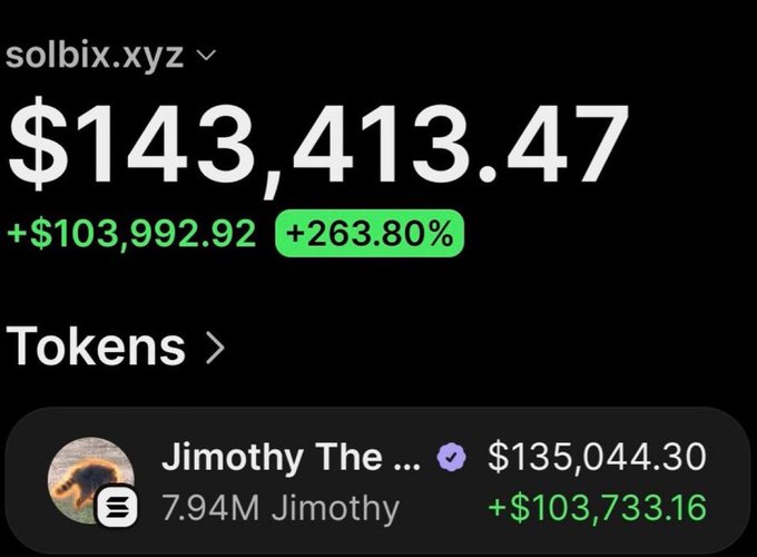 A screenshot of a Solana wallet tracker showing solbix.xyz with a portfolio value of $143,413.47 (+263.80%), dominated by a single holding of 7.94M $Jimothy tokens worth $135,044.30, illustrating the post's claim of turning a $92 investment into over $145,000.