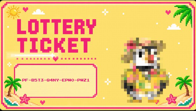 A colorful pixel-art "LOTTERY TICKET" features a cartoon puffin character on a beach scene, with the code "PF-B5T3-Q4NY-EPW0-PWZ1" displayed in the ticket box, referencing the account @ppuffins mentioned in the post about a ticket received after surviving 47 rug pulls.