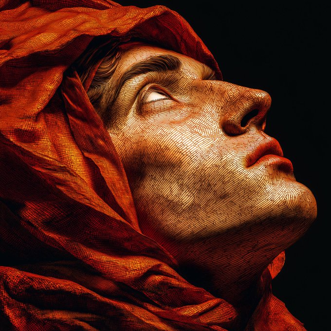 A stylized digital portrait shows a person's face tilted upward, rendered with intricate crosshatched linework and draped in a vibrant orange-red hood against a dark background.
