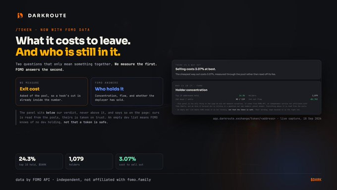 A website titled "DARKROUTE /TOKEN · NOW WITH FOMO DATA" analyzing a token's exit cost and holder concentration, showing 24.3% top 10 hold, 1,079 holders, and 3.07% cost to sell out.