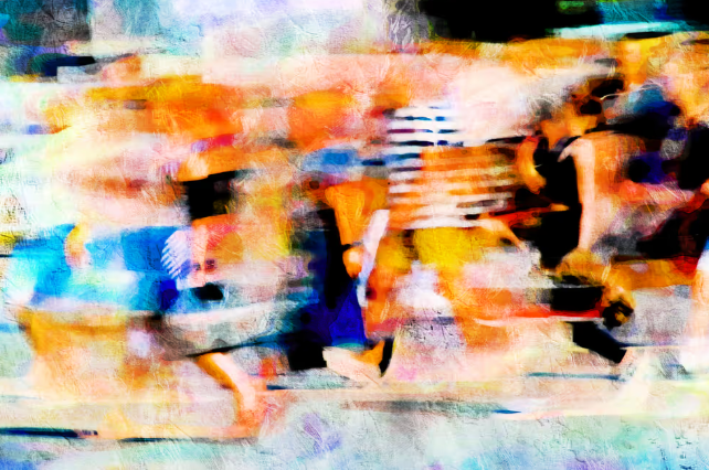 An abstract, motion-blurred artwork featuring vibrant splashes of orange, blue, white, and black with a dynamic, painterly composition, likely representing the energetic movement of a race or athletic event, fitting the context of an Ethereum-based NFT collectible listed on OpenSea.