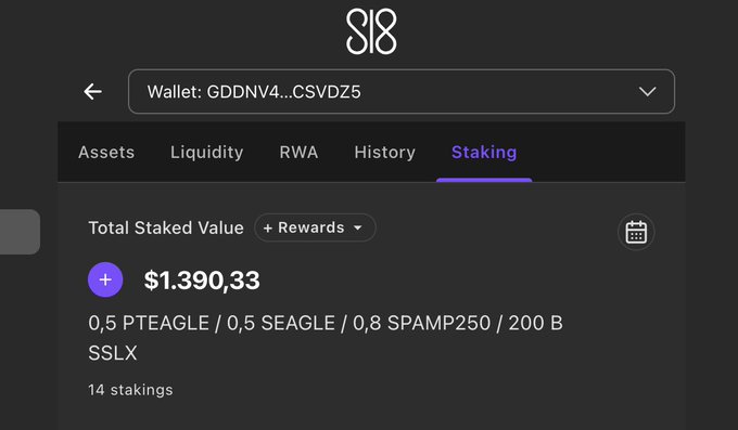 The image shows the Staking tab of the Cassator wallet (GDDNV4...CSVDZ5) displaying a Total Staked Value of $1,390.33 across 14 stakings, including PTEAGLE, SEAGLE, SPAMP250, and B SSLX tokens. This visually reinforces the post's message about using Cassator to stake crypto holdings as part of a long-term strategy.