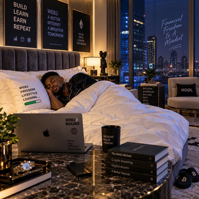 An AI-generated bedroom scene of a man surrounded by cryptocurrency-related items, with visible text including 'BUILD LEARN EARN REPEAT', 'WEB3 A BETTER INTERNET A BRIGHTER TOMORROW', 'GOOD IDEAS CHANGE THE WORLD', 'Financial Freedom Is A Mindset', and books titled 'The Web3 Mindset', 'Crypto Investing', 'Digital Assets', and 'A Better Internet'.