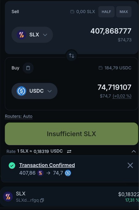 A cryptocurrency exchange interface showing a swap from 407.868777 SLX tokens (~$74.73) to 74.719107 USDC at a rate of 1 SLX ≈ 0.18319 USDC, with a "Transaction Confirmed" notification at the bottom, visually representing the daily SLX token distribution the post describes receiving over 60 days.