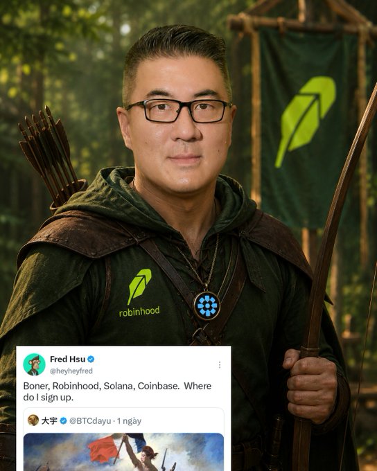 An AI-generated image shows a Robinhood-themed Green Arrow character with a tweet from Fred Hsu (@heyheyyfred) asking 'Boner, Robinhood, Solana, Coinbase. Where do I sign up.'
