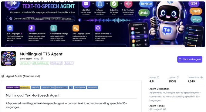 Screenshot of a 'Multilingual TTS Agent' listing page featuring a blue robot mascot, advertising AI-powered text-to-speech in 30+ languages with a 4.8 rating and 7.84K interactions.