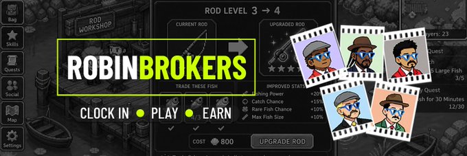 The image promotes the $ROBIN token and its NFT collection from @robinbrokers, displaying a game interface where players can upgrade a fishing rod from level 3 to 4 for 800 coins, alongside stylized NFT character illustrations of various brokers with the tagline "CLOCK IN • PLAY • EARN."