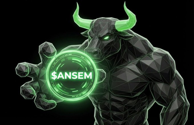 A digital artwork of a geometric, low-poly bull with glowing green horns and eyes, holding a glowing green coin displaying '$ANSEM'.