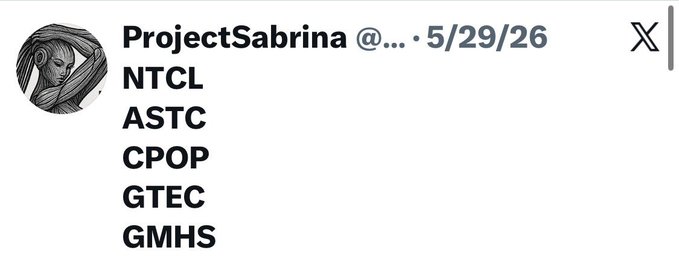A social media post by 'ProjectSabrina' dated 5/29/26 listing the codes: NTCL, ASTC, CPOP, GTEC, GMHS.