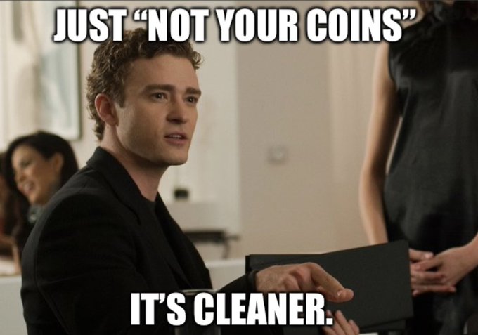 A man in a black suit points while holding a small box, with overlaid meme text reading "JUST 'NOT YOUR COINS'" at the top and "IT'S CLEANER." at the bottom. The image humorously echoes the post's "Not your entropy, not your coins" theme by referencing the popular crypto phrase "not your keys, not your coins," suggesting that without proper entropy (randomness) to secure your wallet, your crypto isn't truly yours.