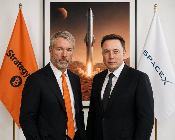 Two men in dark suits stand side-by-side in front of a framed rocket launch poster, flanked by an orange flag bearing the Bitcoin "₿" symbol and "Strategy" on the left, and a white flag with "SPACEX" on the right. The image visually represents the post's hype about a potential "Elon × Saylor" collaboration involving $BTC, $MSTR, and $STRC, merging themes of Bitcoin/Strategy (MicroStrategy) and SpaceX.