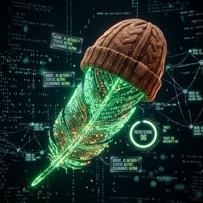 A digital art piece features a glowing green circuit-board leaf wearing a brown knitted beanie labeled "A9," surrounded by floating data panels reading "AGENT_ID: AETHER-7, STATUS: ACTIVE, CLEARANCE: ALPHA" and "REPUTATION: 96" with metrics TRUST:98 and INTEGRITY:94.