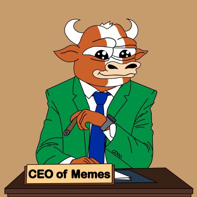 A cartoon of a brown and white bull in a green suit and blue tie sitting at a desk with a nameplate that reads 'CEO of Memes'.