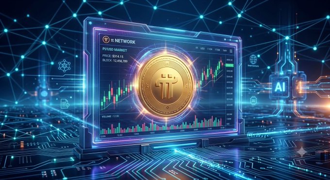 A futuristic digital dashboard displays a Pi Network (π) cryptocurrency coin alongside a candlestick chart on the "π NETWORK" market interface, showing a price of $314.15 and block height of 12,456,789, with AI-related icons glowing in the background. The image visually represents the post's announcement about Pi's upgraded electronic display feature for farmers to track launchpad market prices, symbolizing the convergence of Web3 and AI technology.