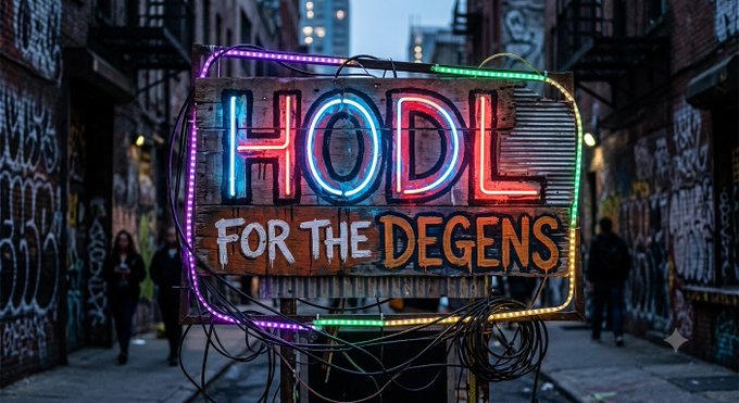 A neon sign glowing in an urban alleyway at dusk that reads 'HODL FOR THE DEGENS' in colorful pink, blue, red, and orange lights.