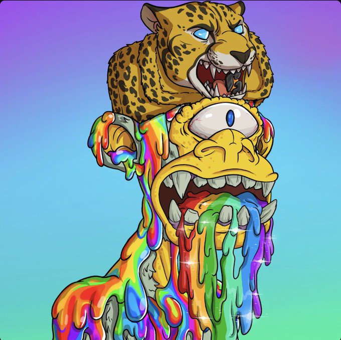 The image features a cartoon monkey with its mouth open, dripping with rainbow-colored paint or syrup. The background of the image is blue, which contrasts with the colorful monkey's appearance. The caption below the image reads "Solana Space Giveaway MOSC Rules 1. Follow @MrAduitore @mrwinning247 @Omerta_SOL @MutantsOnSol 2.+RT+Tag A Fren 3. Must be in the space below to claim your prize". This suggests that the image is related to a giveaway or contest, possibly involving the monkey and its colorful appearance.