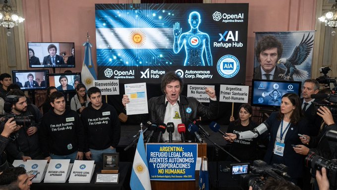 The image shows a man giving a speech at a podium, surrounded by people who are taking pictures of him. The man appears to be delivering a speech about the importance of human rights and the need for legal protection for individuals. The crowd includes people holding up signs that read "OpenAI" and "Human Rights". The setting is an event where various organizations have set up booths, with one booth prominently displaying a sign that says "Argentina Refugio Legal para agentes autónoma y Corporaciones no humanas."