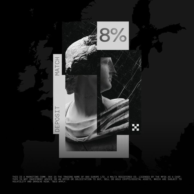 A black-and-white ad-style graphic featuring a fragmented classical bust overlaid with bold text reading "8%," "DEPOSIT," and "MATCH," promoting OKX's MiCA-licensed 8% USDC deposit bonus offer for EEA users ahead of the July 1 regulatory deadline.