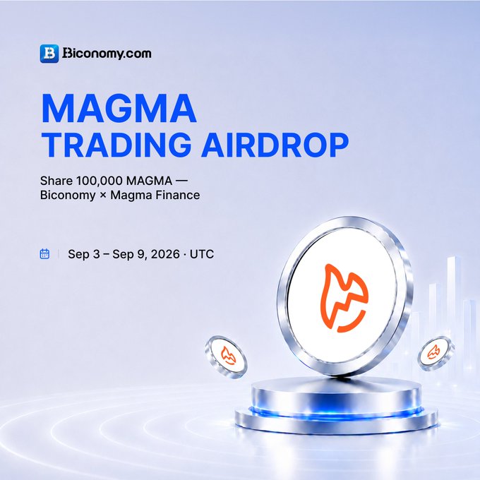 A promotional graphic for a 'MAGMA TRADING AIRDROP' by Biconomy.com and Magma Finance, offering to share 100,000 MAGMA tokens from Sep 3 - Sep 9, 2026 UTC.