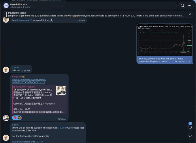 A screenshot of the Base B20 Cabal Telegram chat (1,068 members) where a pinned message announces plans to support top B20 builders/traders, and members discuss buying BabyCow tokens ($babycow) on X Layer, share contract addresses and Plumber IDs, and reference BASECAT which reportedly made $2.2M ATH the previous month, aligning with the post's promotion of the chat as a hub for high-trench talent density with Base wallet access required.
