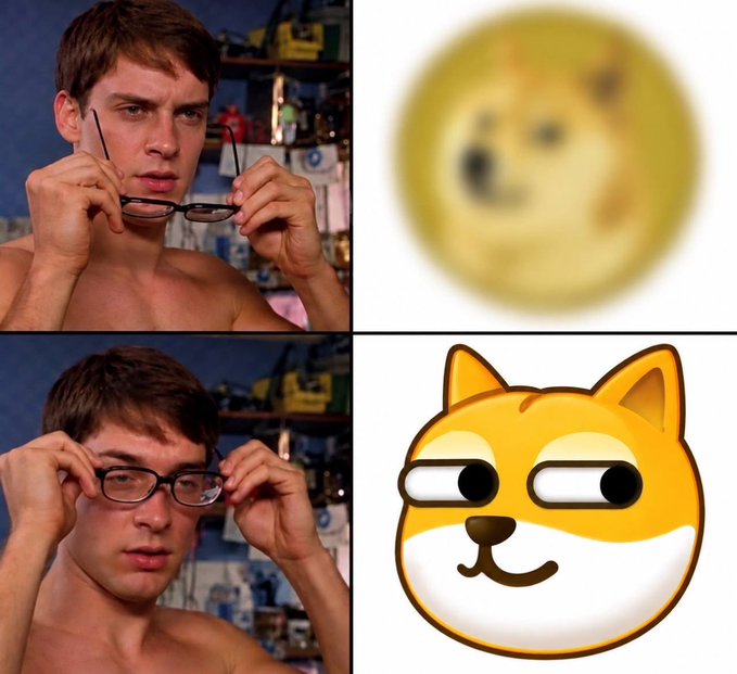 A four-panel meme showing a shirtless young man putting on glasses (top and bottom left) paired with increasingly clear versions of the Doge meme face (right).