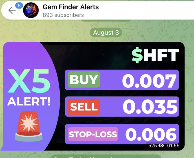 A Telegram post from "Gem Finder Alerts" (893 subscribers) dated August 3 displays a trading alert for $HFT showing a BUY at 0.007, SELL target at 0.035, and STOP-LOSS at 0.006, marked as "X5 ALERT!"—confirming the successful 5x signal execution from the post.