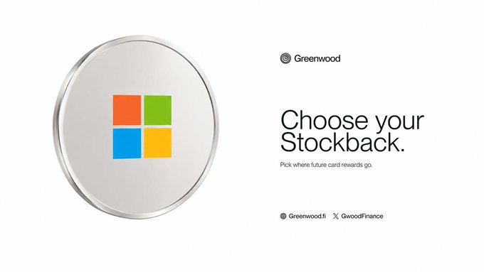 A promotional image for Greenwood featuring the Microsoft logo on a silver circular badge, with text reading 'Choose your Stockback. Pick where future card rewards go.' and social handles @Greenwood.fi and @GoodFinance.
