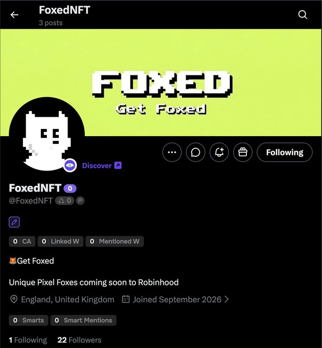 A social media profile page for 'FoxedNFT' (@FoxedNFT) with a neon green banner displaying 'FOXED Get Foxed' in pixel art, describing 'Unique Pixel Foxes coming soon to Robinhood', based in England, UK.