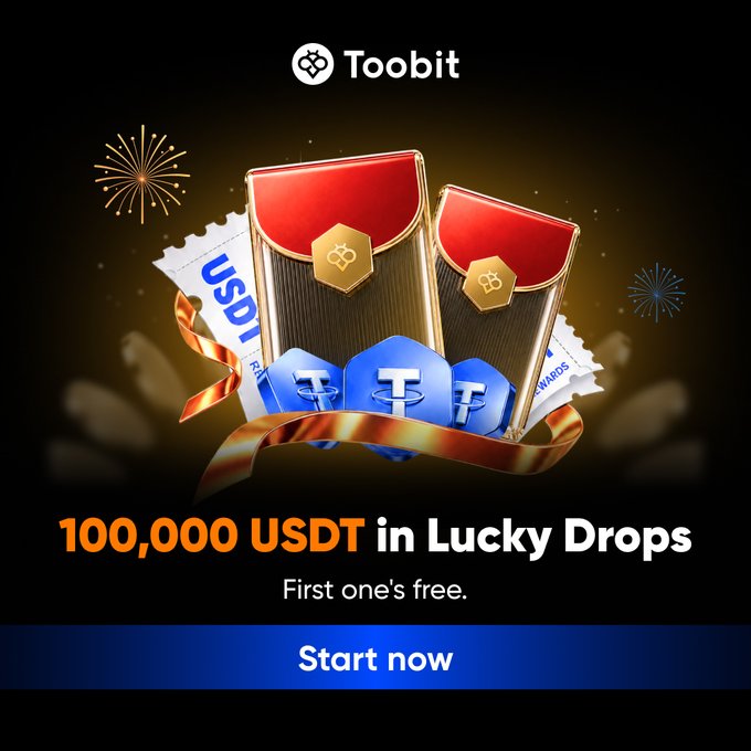 Toobit exchange advertisement offering '100,000 USDT in Lucky Drops' with red envelopes and Tether (USDT) graphics on a black background.