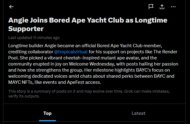 A Grok-generated news summary on X announces that "Angie Joins Bored Ape Yacht Club as Longtime Supporter," highlighting her new official BAYC membership and crediting collaborator @tropicalvirtual for support on projects like The Render Pool. The post's message of community appreciation aligns with the article's theme of Angie being warmly welcomed and celebrated by BAYC members.
