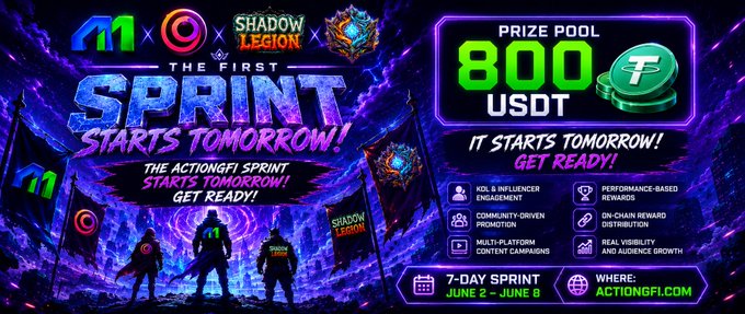 The image features a poster advertising an action game called "Shadow Run". The poster includes three people standing next to each other, with one person holding a flag. The poster also displays text that reads "The first Sprint starts tomorrow! It starts today!", indicating that the game is about to begin soon. The poster also mentions that there are rewards available for completing tasks and creating content related to the game.