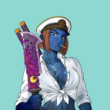 An anime-style illustration of a blue-skinned character with orange hair wearing a sailor cap and open white shirt, smoking a cigarette and holding a purple flame-patterned sword.