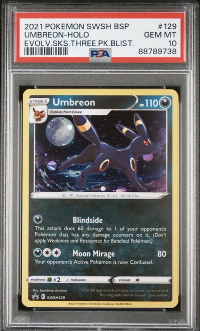 A PSA-graded Gem Mint 10 2021 Pokémon SWSH Black Star Promo Umbreon Holo #129 card, shown slabbed with its holographic artwork and "Blindside" and "Moon Mirage" attacks visible. The image ties into the post's celebratory "slab rain" announcement, showcasing a high-grade Pokémon card as part of @TheCardWall's TCG web3 ecosystem.