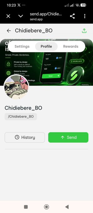 A mobile screenshot of the send.app interface for user "Chidiebere_BO", showing a profile with a cartoon avatar and a green "Send" button.