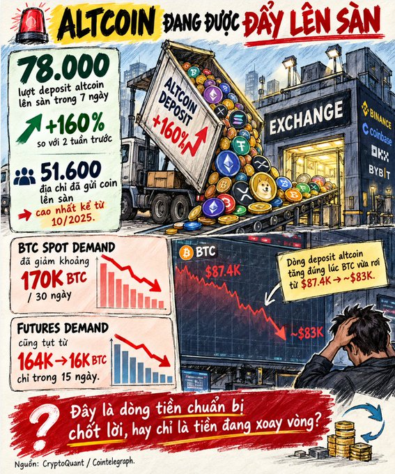 An infographic titled 'ALTCOIN ĐANG ĐƯỢC ĐẨY LÊN SÀN' showing 78,000 altcoin deposits and 51,600 new coin deposit addresses, illustrating a 160% increase in altcoin deposits alongside declining BTC spot demand (170K BTC in 30 days) and futures demand (164K BTC in 15 days).