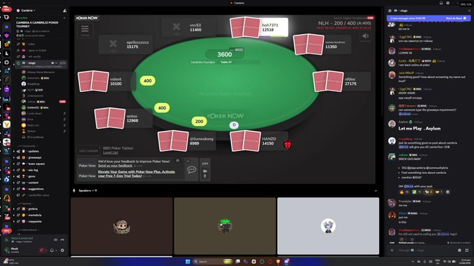 A desktop screenshot of a Discord live stream showing an online poker game in progress, with users viewing a green felt table and chatting on the right sidebar.