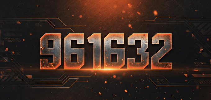 A dramatic digital graphic featuring the large metallic number '961632' centered against a dark background with orange circuit-like patterns and glowing embers.