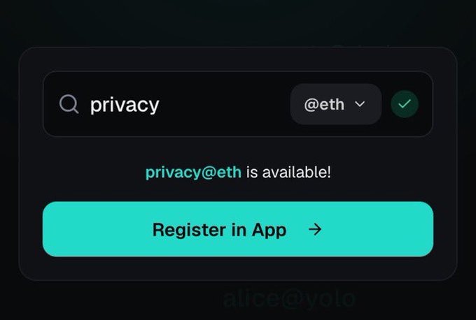 A digital interface displays a search bar with 'privacy' and '@eth', text stating 'privacy@eth is available!', and a teal button reading 'Register in App' with an arrow.