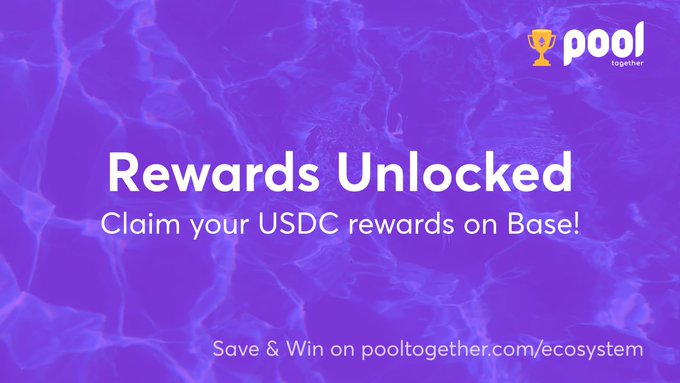 A purple promotional banner with the Pool Together logo reading 'Rewards Unlocked - Claim your USDC rewards on Base!' directing users to polltogether.com/ecosystem.