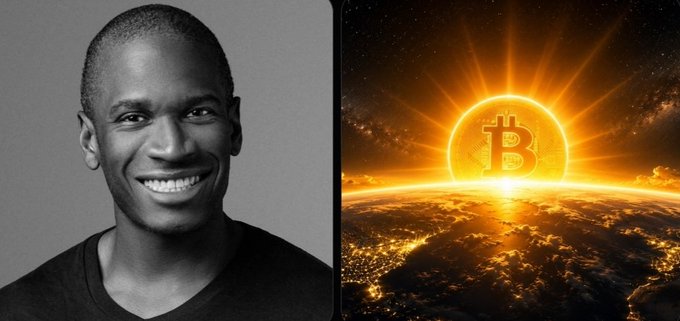 The image features Arthur Hayes alongside a glowing Bitcoin symbol rising over Earth, visually reinforcing his bullish message to "Long stocks. Long gold. Long Bitcoin. Long the market."