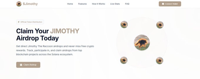 Jimothy ($Jimothy) official token distribution webpage promoting 'Claim Your JIMOTHY Airdrop Today' for free crypto rewards and airdrops across the Solana ecosystem.