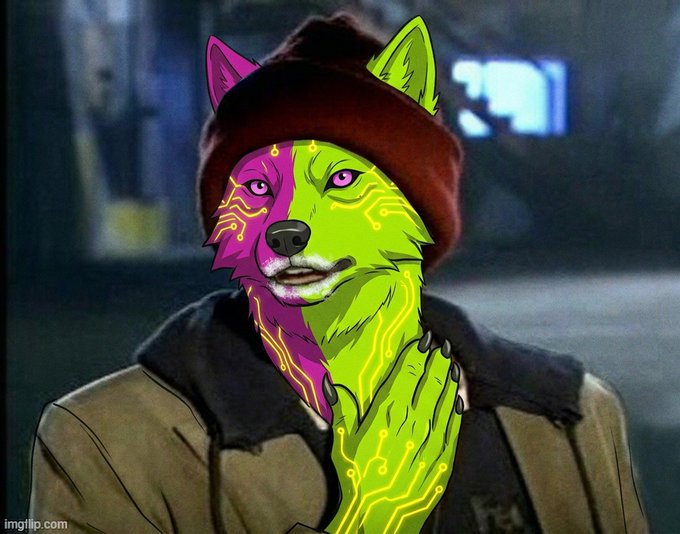 A meme featuring the 'Dat Boi' green dog character with a glowing circuit-board pattern and pink eyes, wearing a brown hat and jacket.