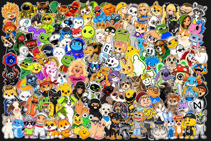 A dense collage featuring dozens of cartoon-style stickers, predominantly cats, dogs, and various pop culture and internet meme characters.